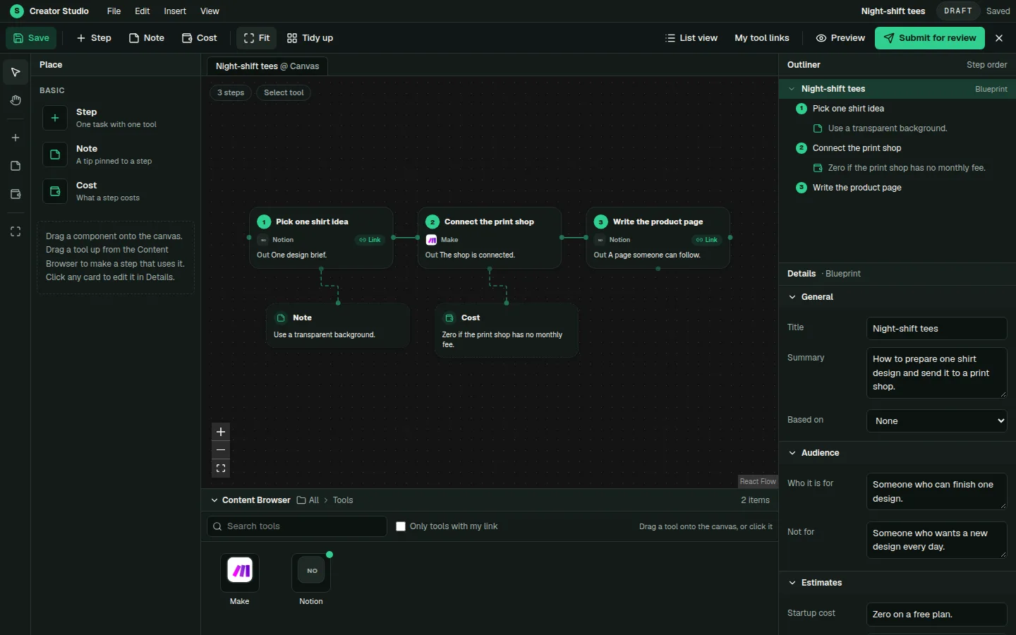 Creator Studio canvas with an example blueprint: three steps, a note, and a cost